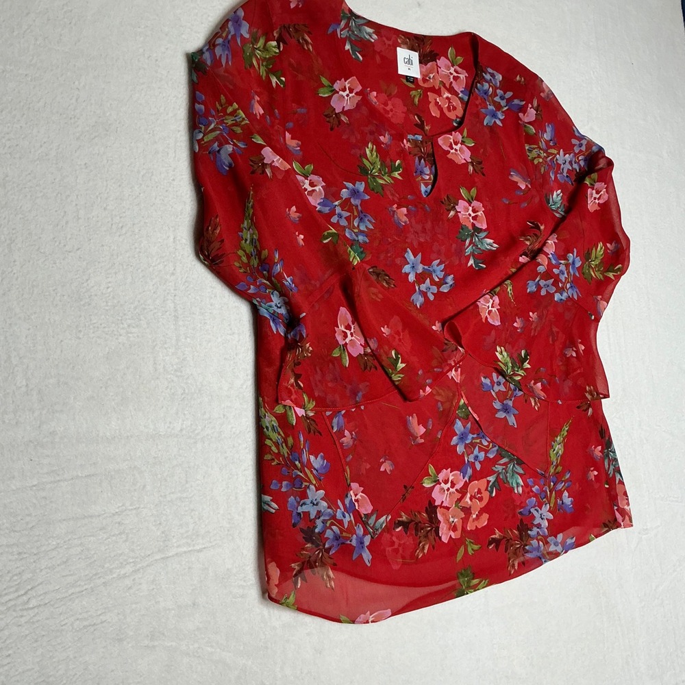 Cabi Red Floral Print Sheer Bell Sleeve Keyhole Blouse Women's M